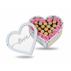 Подарунковий бокс Heart of Love  Біле серце з Ferrero Rocher та рожевими трояндами